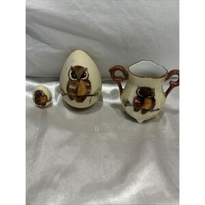 Vintage Hand Painted  Bisque Egg Owl‎ And Creamer Set
